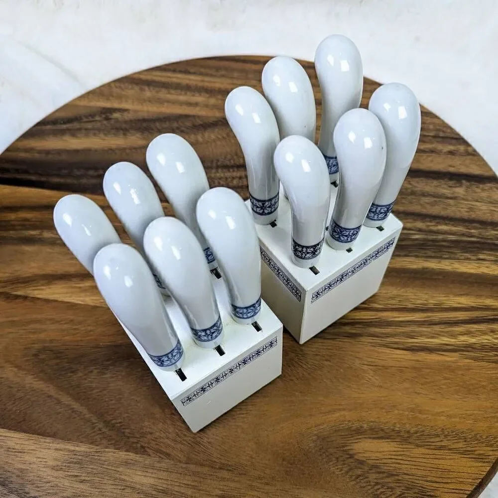 Vintage Blue & White Ceramic Handle 12 Spreader Knives w/ Wood Block, Taiwan